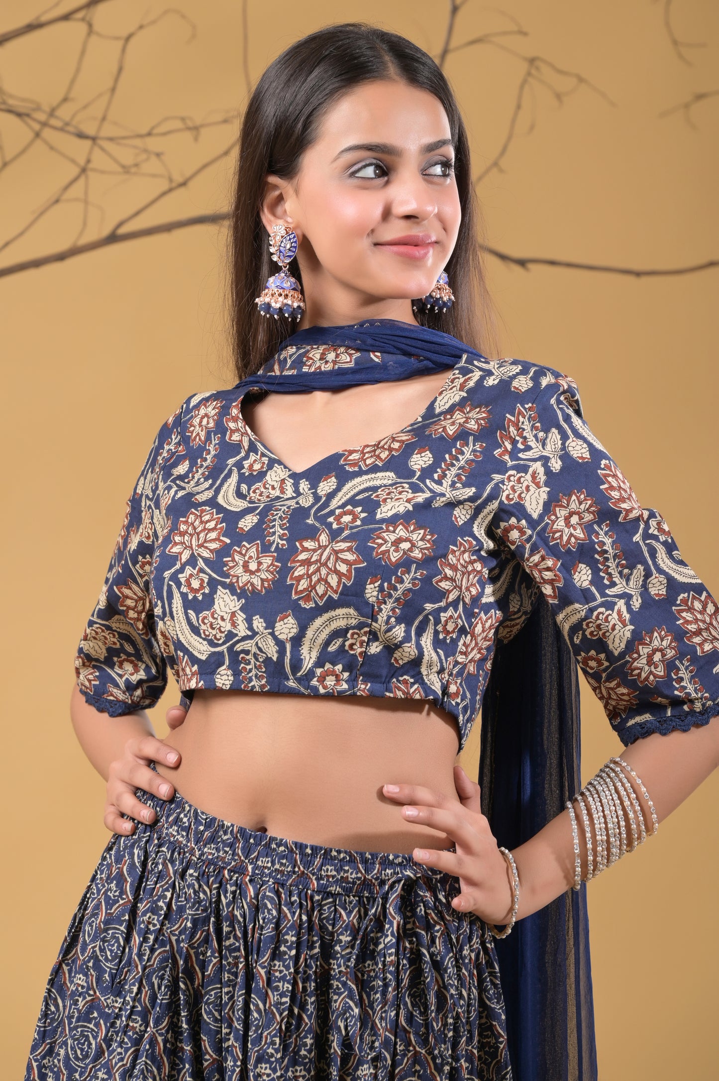 blue pure cotton ajrakh print skirt blouse set with chiffon dupatta