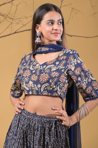Blue Pure Cotton Ajrakh Print Skirt Blouse Set with Chiffon Dupatta