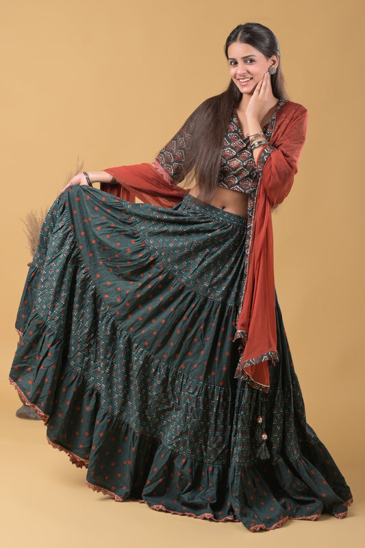 Green and Rust Pure Cotton Ajrakh Print Skirt Blouse Set with Chiffon Dupatta