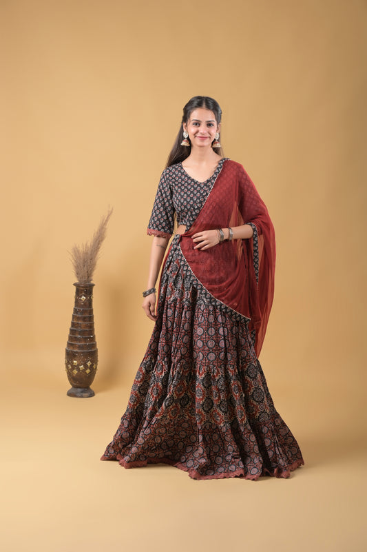 Black and Maroon Pure Cotton Ajrakh Print Skirt Blouse Set with Chiffon Dupatta