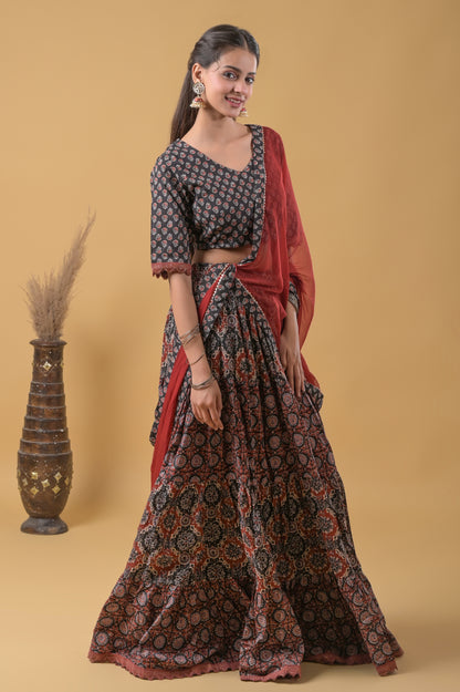 Black and Maroon Pure Cotton Ajrakh Print Skirt Blouse Set with Chiffon Dupatta