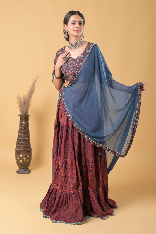 Maroon and Blue Pure Cotton Ajrakh Print Skirt Blouse Set with Chiffon Dupatta