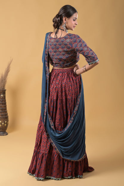 Maroon and Blue Pure Cotton Ajrakh Print Skirt Blouse Set with Chiffon Dupatta
