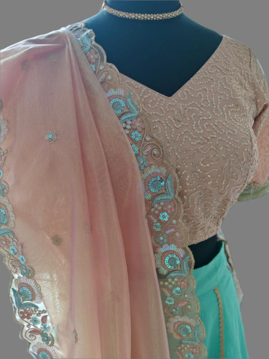 Powder Blue Lehnga with Peachish Pink Blouse and Dupatta