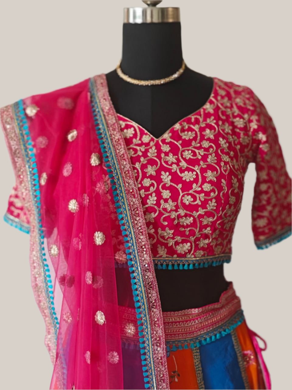 multicolor lehnga with magenta blouse and dupatta