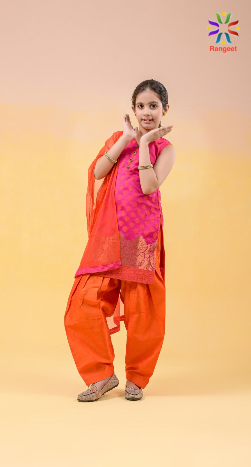 orange n hot pink zari weaved silk festive wear suit