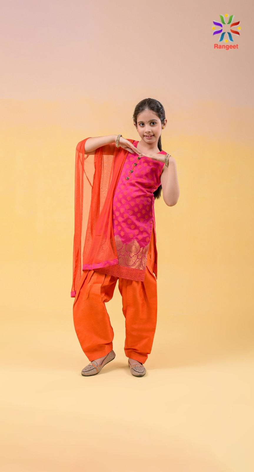 orange n hot pink zari weaved silk festive wear suit