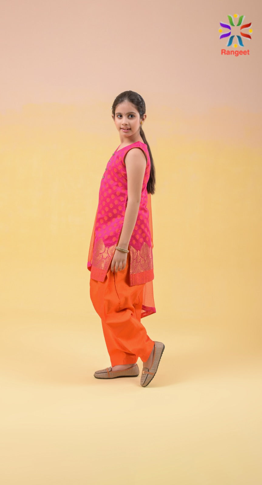 orange n hot pink zari weaved silk festive wear suit