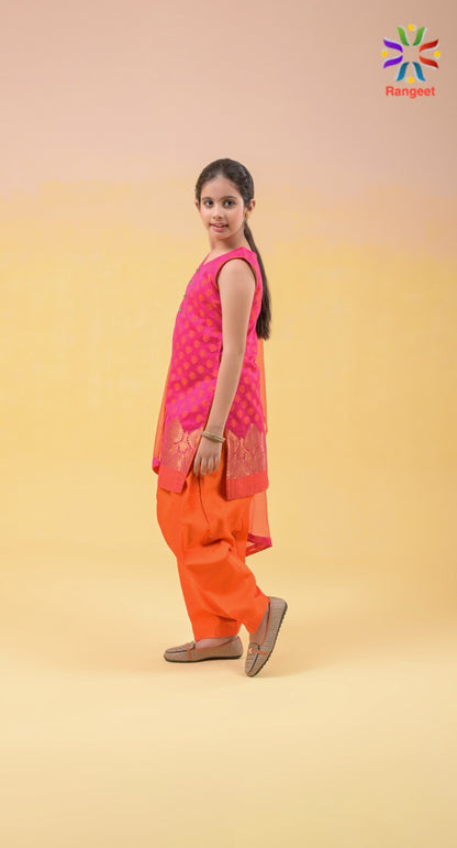 Orange n Hot Pink Zari Weaved Silk Festive Wear Suit