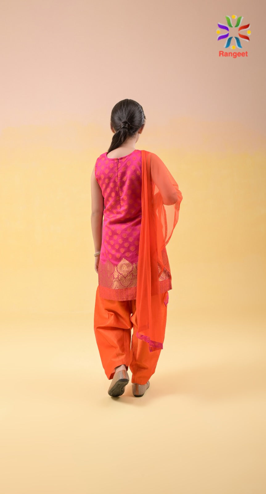 orange n hot pink zari weaved silk festive wear suit