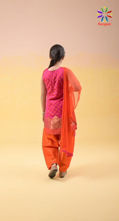 Orange n Hot Pink Zari Weaved Silk Festive Wear Suit