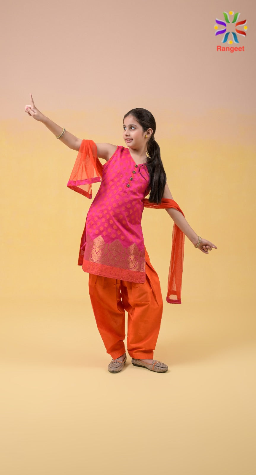 orange n hot pink zari weaved silk festive wear suit