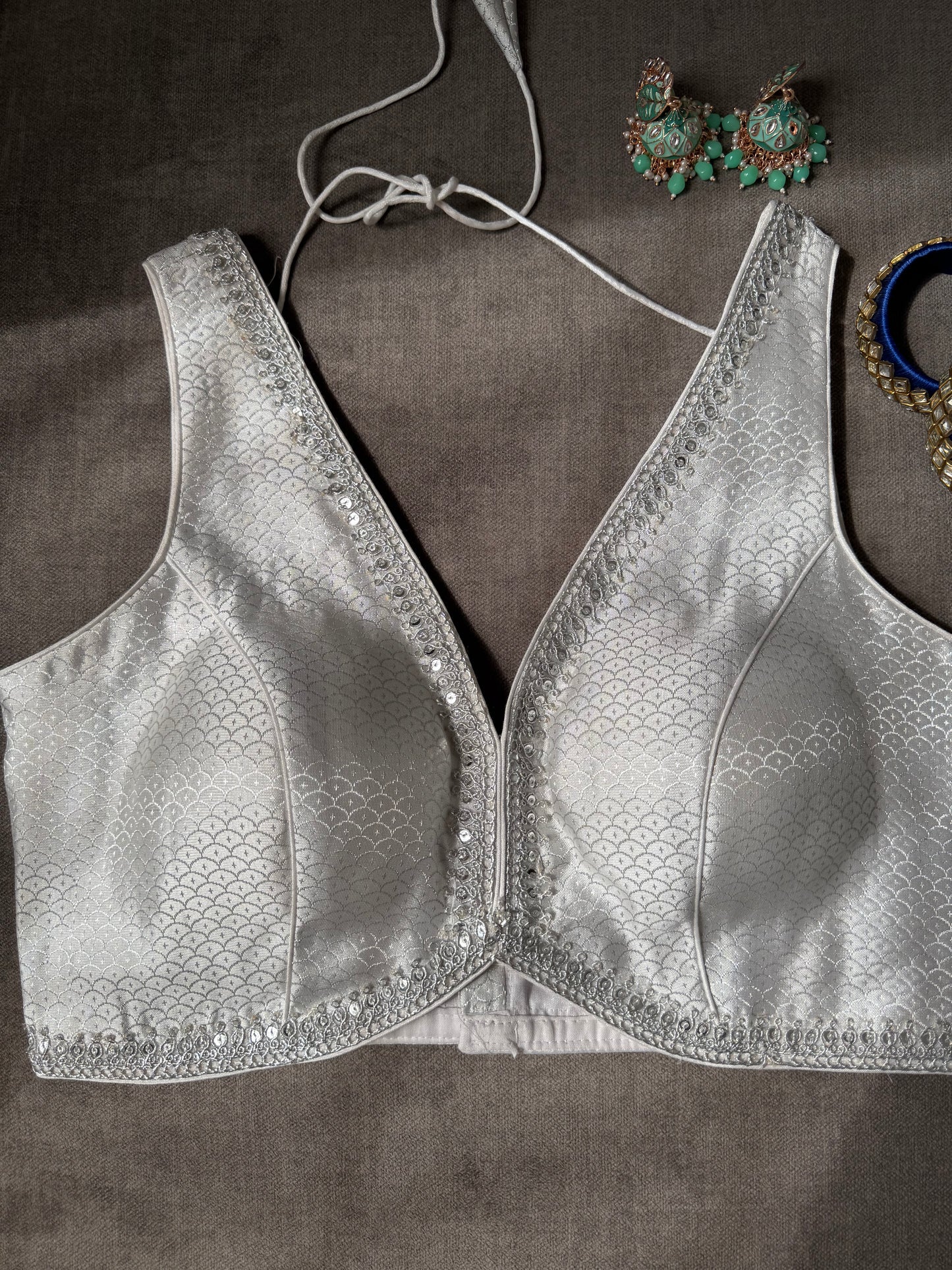 white-silver brocade silk blouse