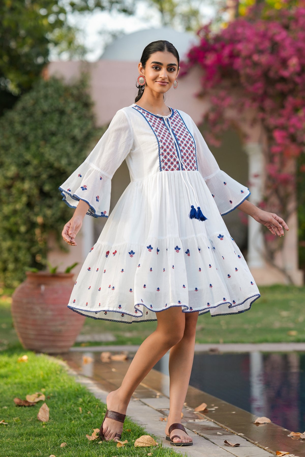 White Tiered Embroidered Pure Cotton Dress for Women – Elegant Boho Chic Style White / Pure Cotton / XL