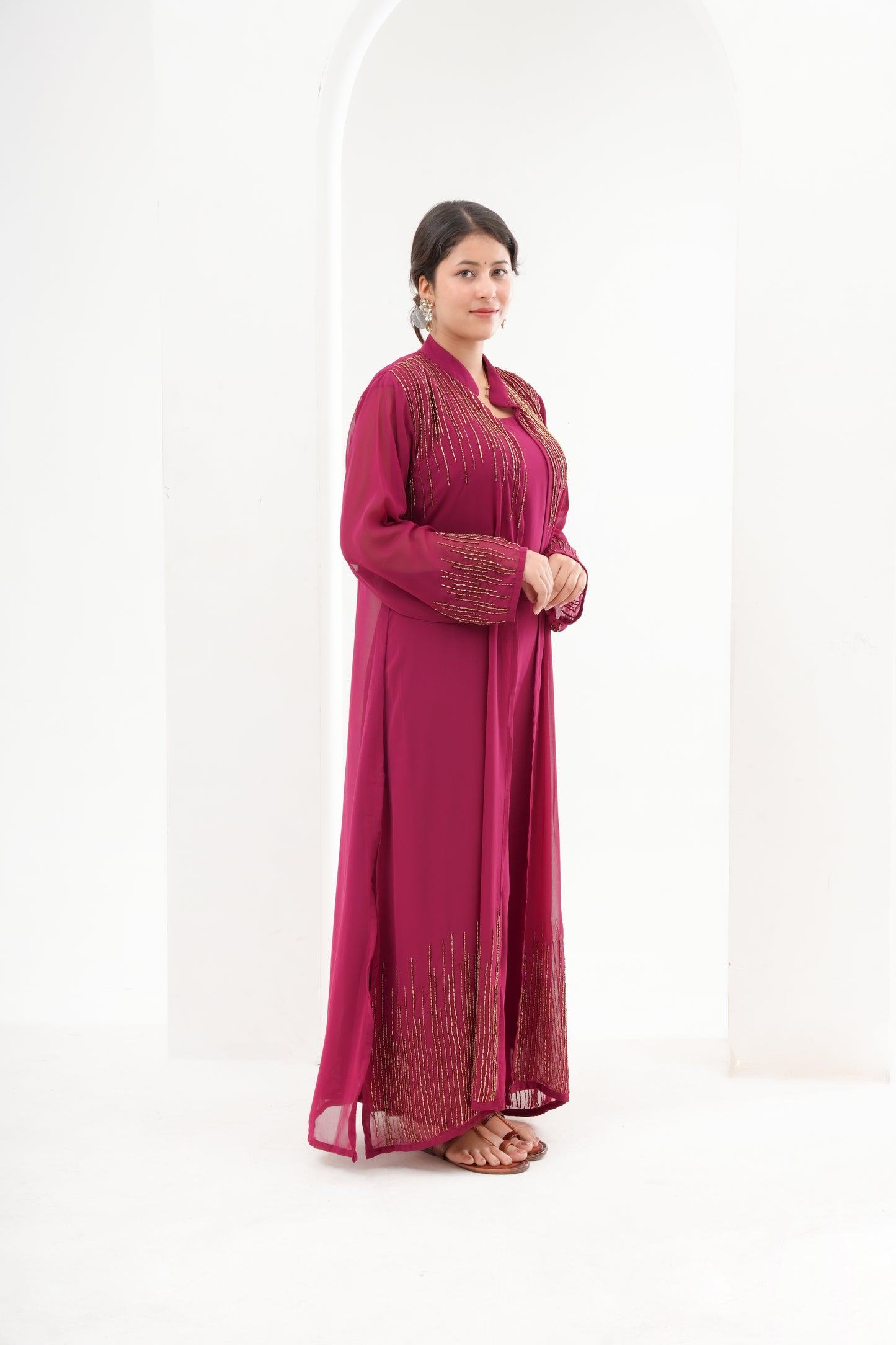 wine, zari & cutdana hand embroidery, viscose georgette, gown