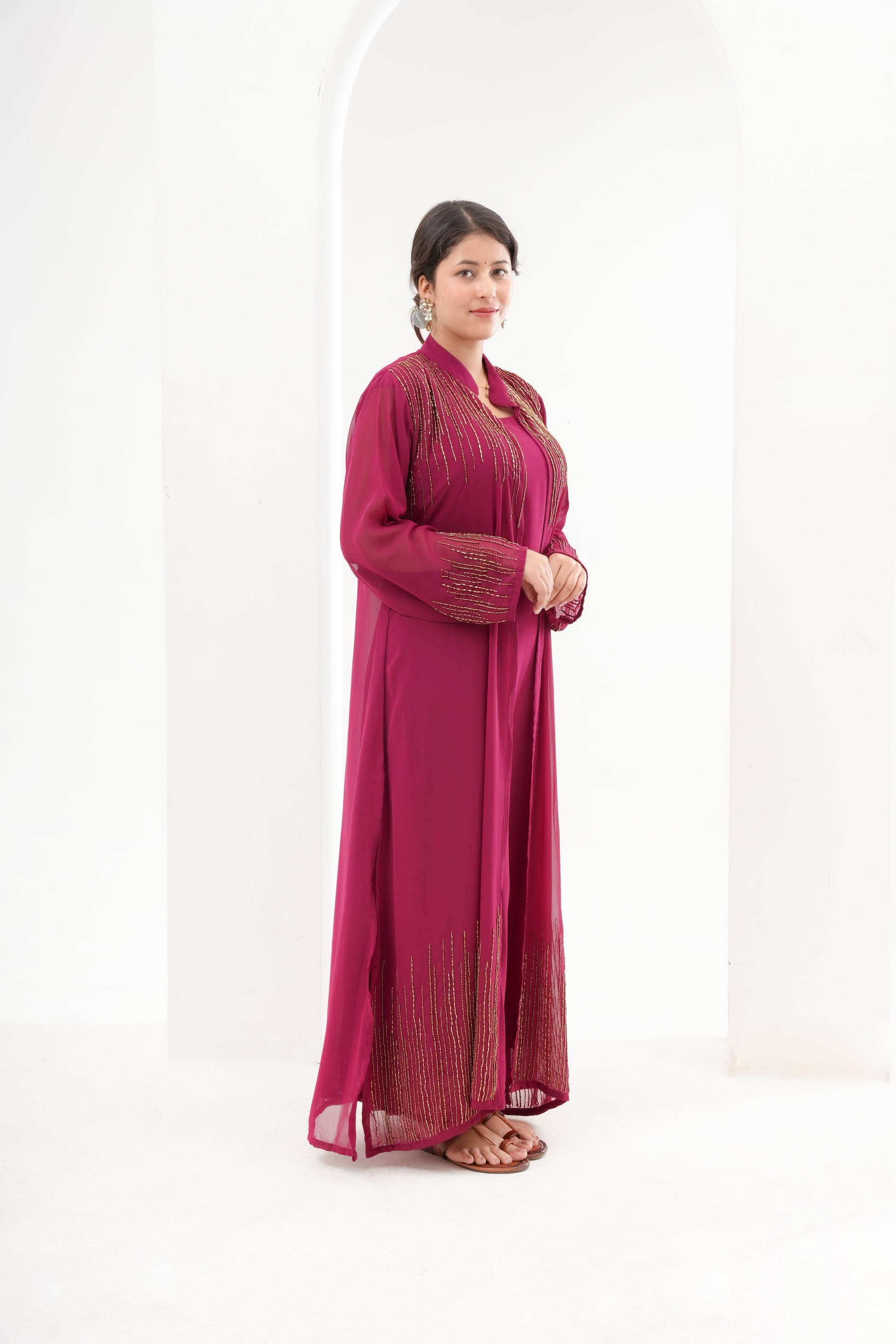 Wine, Zari & Cutdana Hand Embroidery, Viscose Georgette, Gown