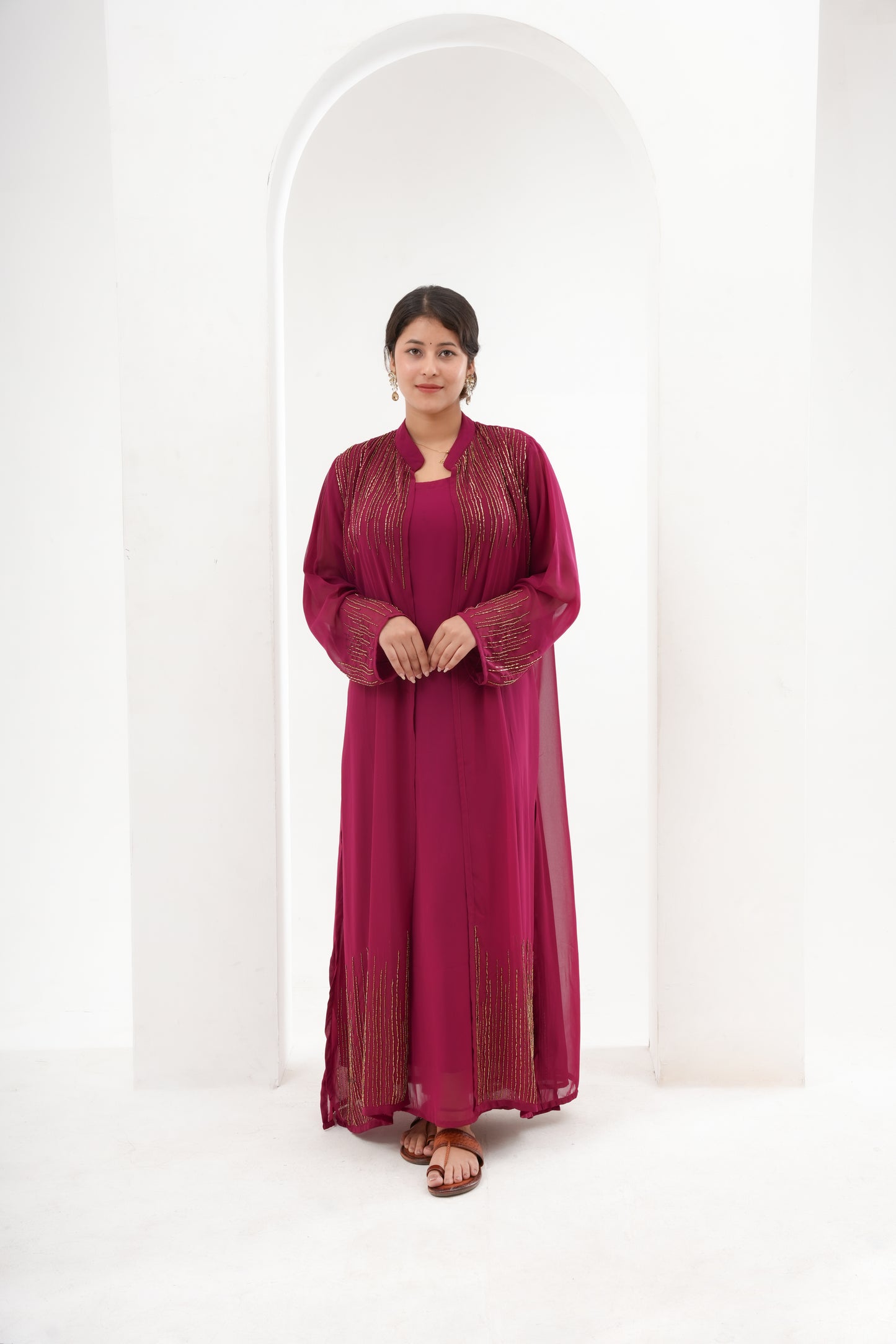 wine, zari & cutdana hand embroidery, viscose georgette, gown