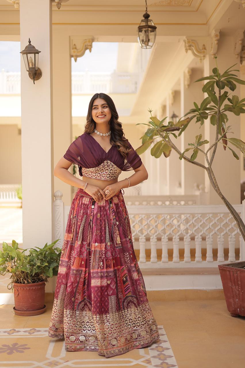 purple, cowl neck top & multicolor organza skirt, gota patti work with tassels & dori