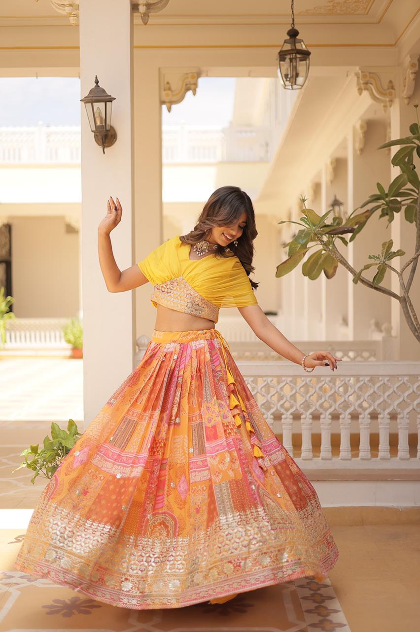 orange, cowl neck top & multicolor organza skirt, gota patti lace work, skirt set