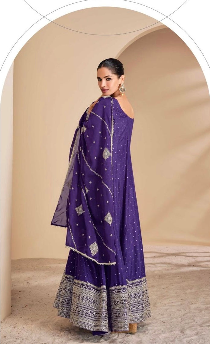 purple zari-embroidered wedding-wear long anarkali viscose-silk gown with dupatta