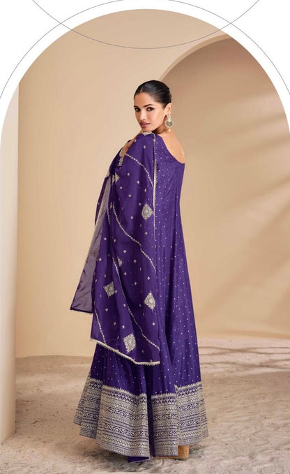 Purple Zari-Embroidered Wedding-Wear Long Anarkali Viscose-Silk Gown with Dupatta