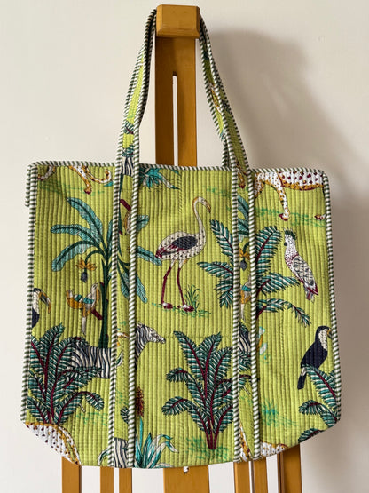 Lime Safari Sanganeri Hand-Block Printed Quilted Cotton Tote Bag