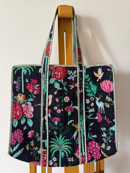 Midnight Forest Sanganeri Hand-Block Printed Quilted Cotton Tote Bag