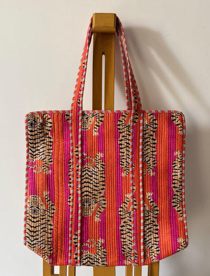Bengal Tiger Sanganeri Hand-Block Printed Quilted Cotton Tote Bag
