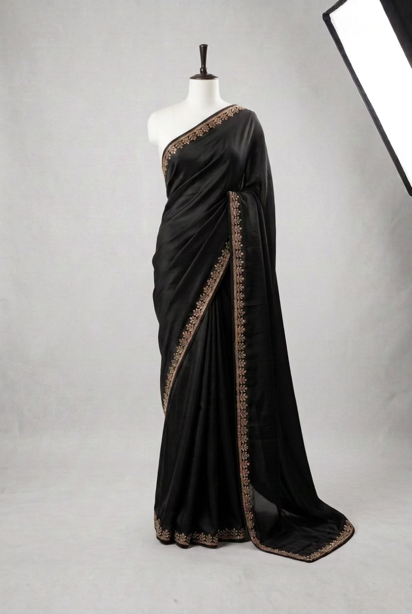 luxurious black satin silk saree with embellished stitched blouse and petticoat