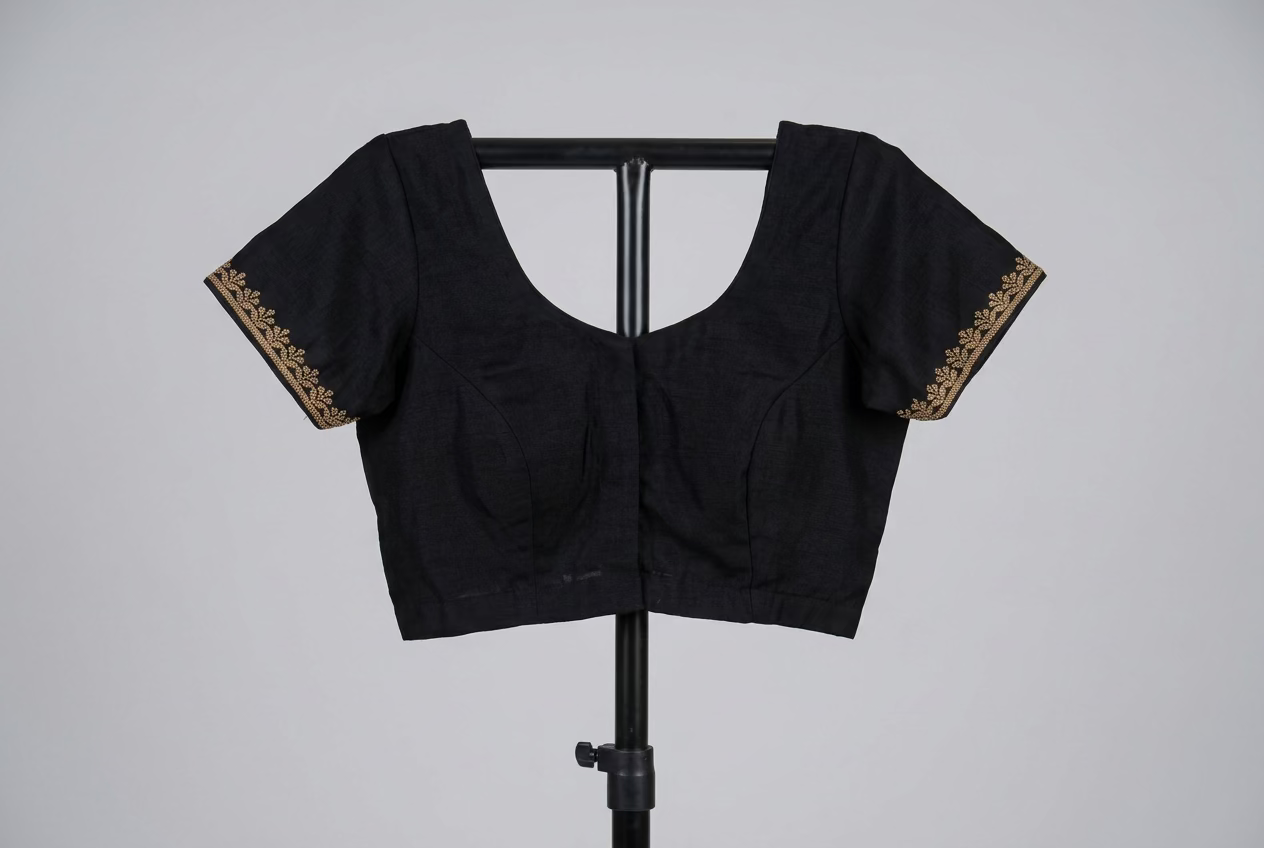 luxurious black satin silk saree with embellished stitched blouse and petticoat
