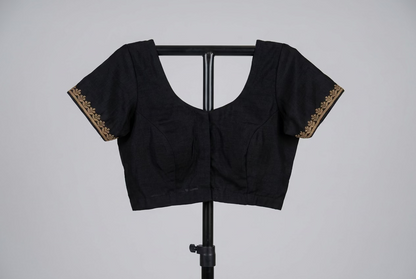 Luxurious Black Satin Silk Saree with Embellished Stitched Blouse and Petticoat