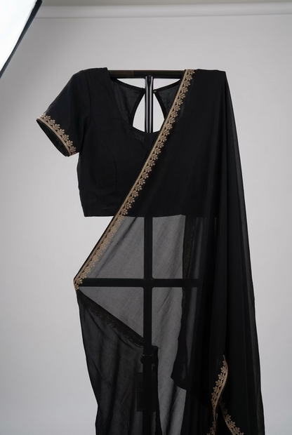 Luxurious Black Satin Silk Saree with Embellished Stitched Blouse and Petticoat