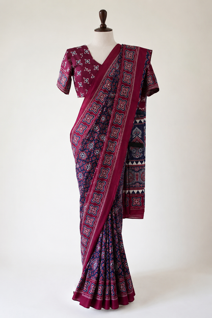 Wine-Blue Satin Ajrakh Print Saree with Stitched Blouse