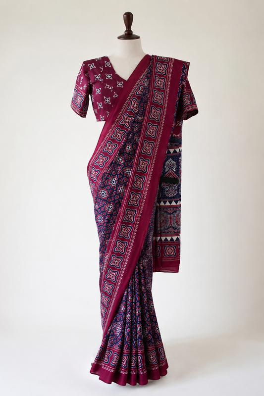 Wine-Blue Satin Ajrakh Print Saree with Stitched Blouse