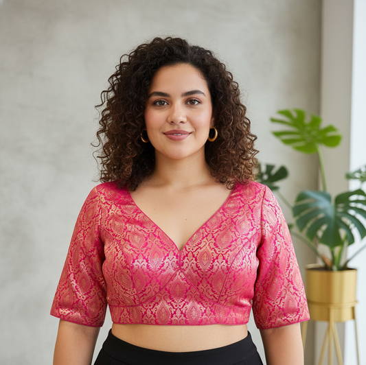 Pink brocade silk blouse online in USA