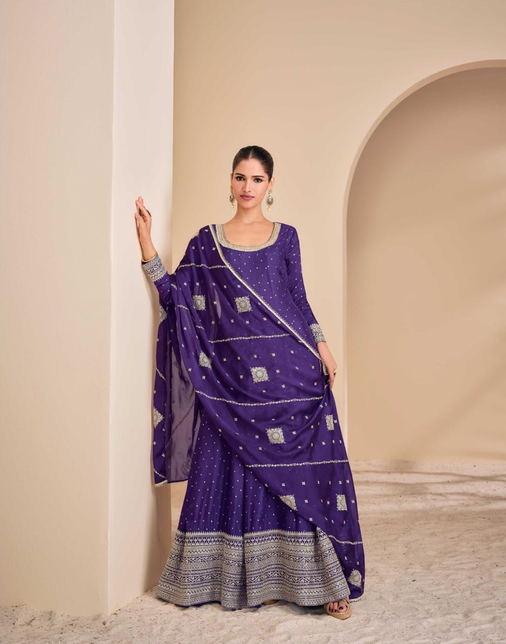 purple zari-embroidered wedding-wear long anarkali viscose-silk gown with dupatta