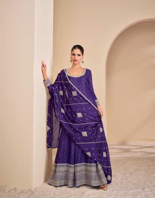 Purple Zari-Embroidered Wedding-Wear Long Anarkali Viscose-Silk Gown with Dupatta