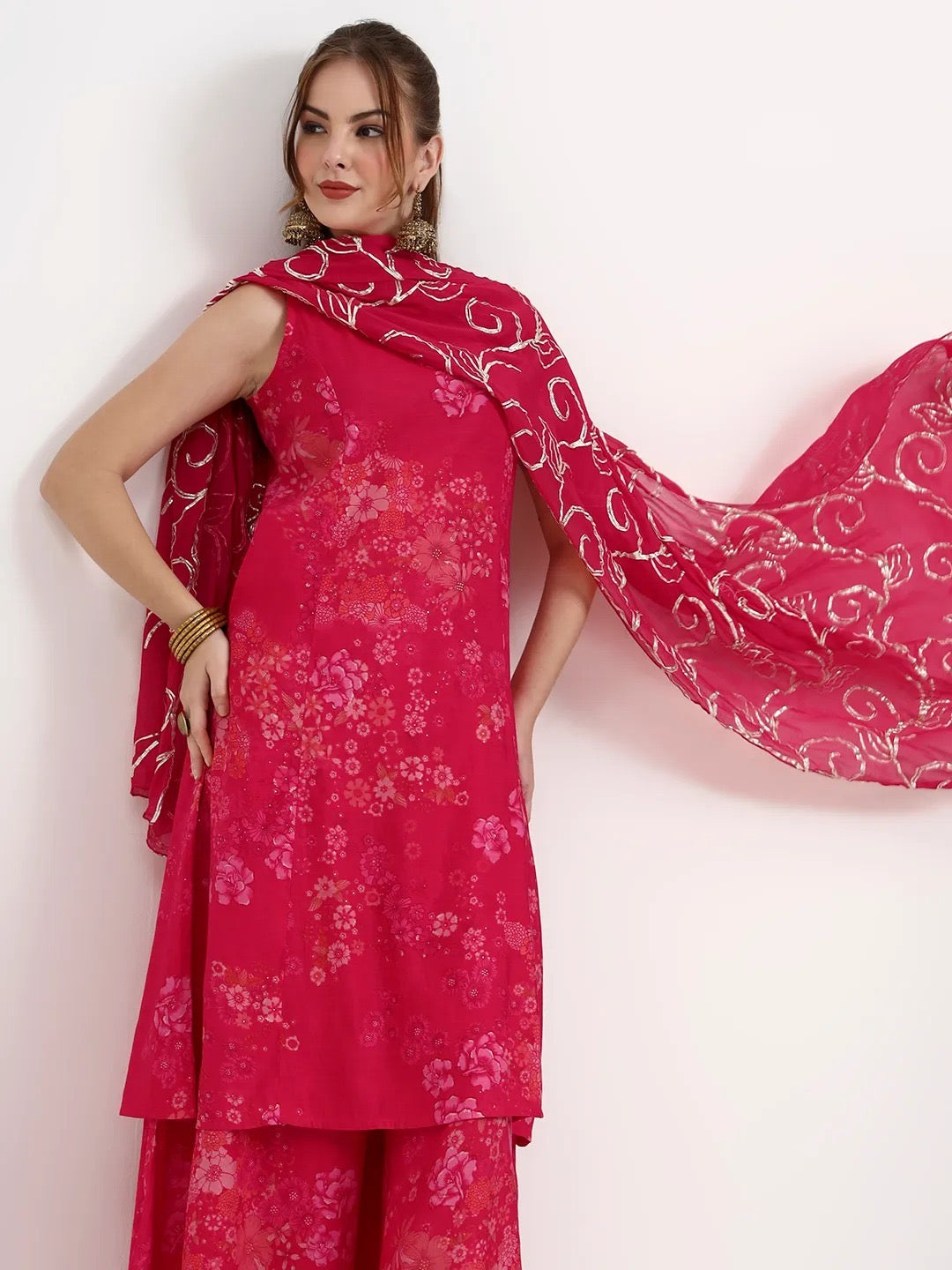 hot pink radiance: floral muslin silk palazzo set with gota work dupatta