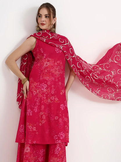 Hot Pink Radiance: Floral Muslin Silk Palazzo Set with Gota Work Dupatta