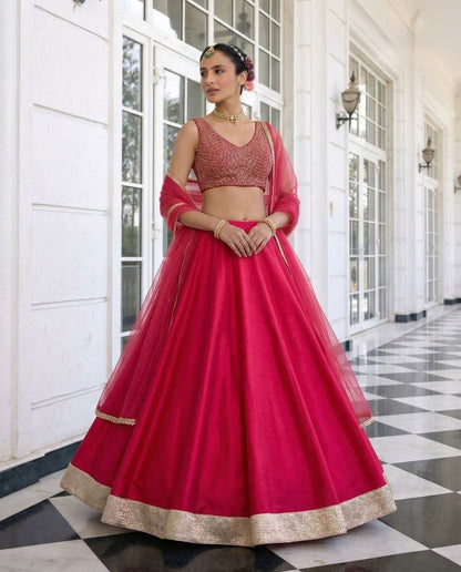 Fuchsia Pink Silk Light-Weight Lehenga Set with Hand-Embroidered V-Neck Blouse and Net Dupatta