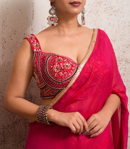 Vibrant Pink Embroidered blouse Fendy Silk Lehenga Saree Skirt Set