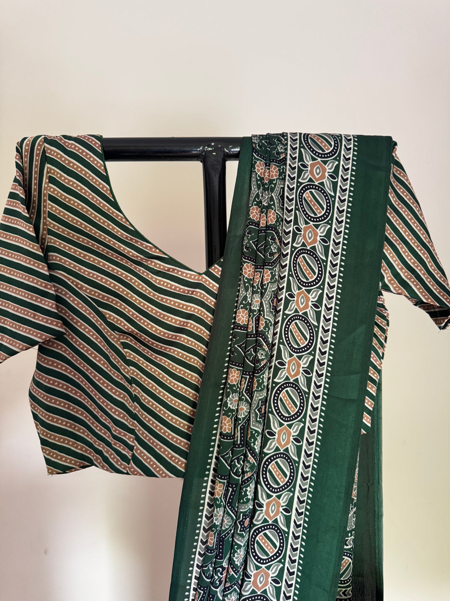 emerald green satin silk ajrakh print saree with blouse and petticoat