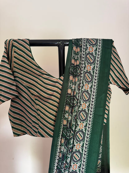 Emerald Green Satin Silk Ajrakh Print Saree with Blouse and Petticoat