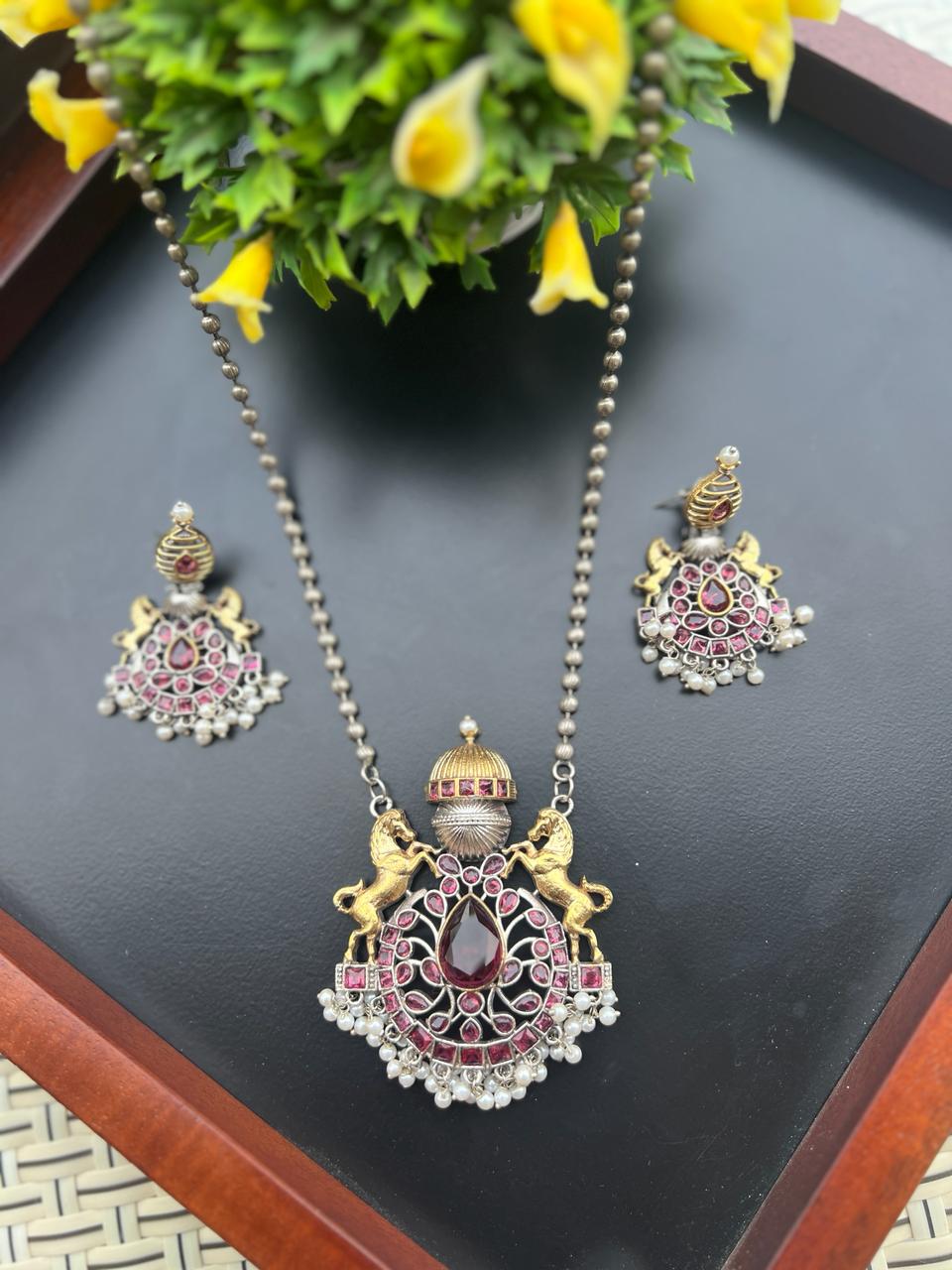 dual toned handcrafted brass necklace set with earrings