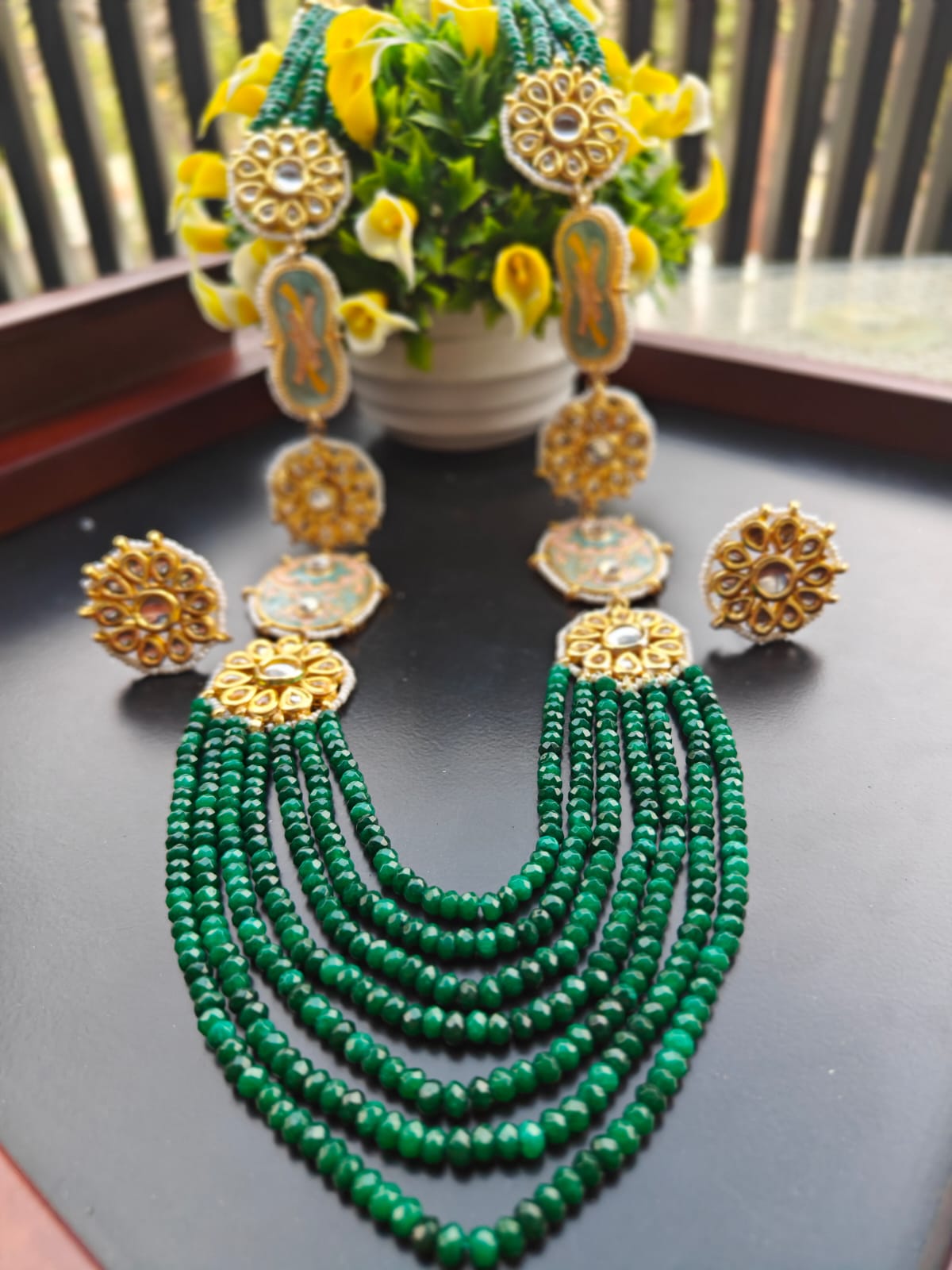 semi precious green beads and kundan long necklace set