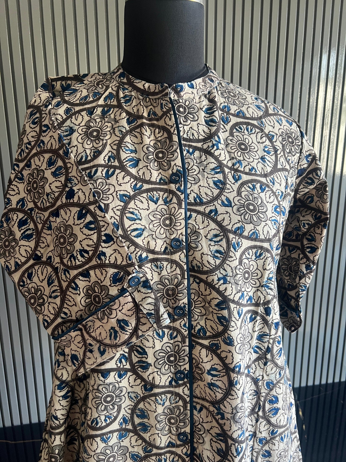 blue & grey, chinese collar, ajrakh print, cotton kurta