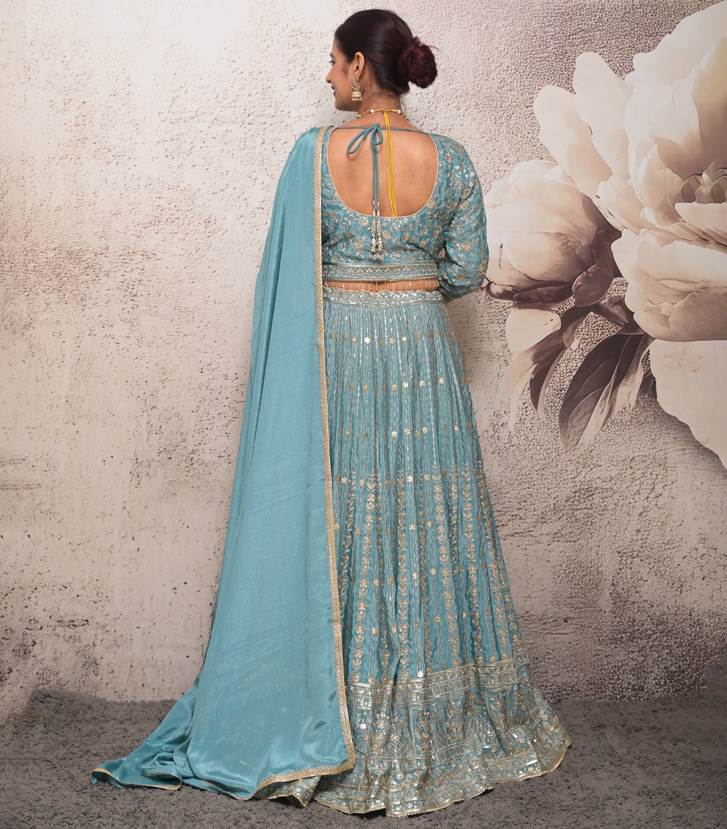 light blue fully embroidered chinnon silk designer lehenga choli set for women