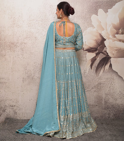 Light Blue Fully Embroidered Chinnon Silk Designer Lehenga Choli Set for Women