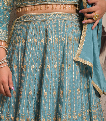 Light Blue Fully Embroidered Chinnon Silk Designer Lehenga Choli Set for Women
