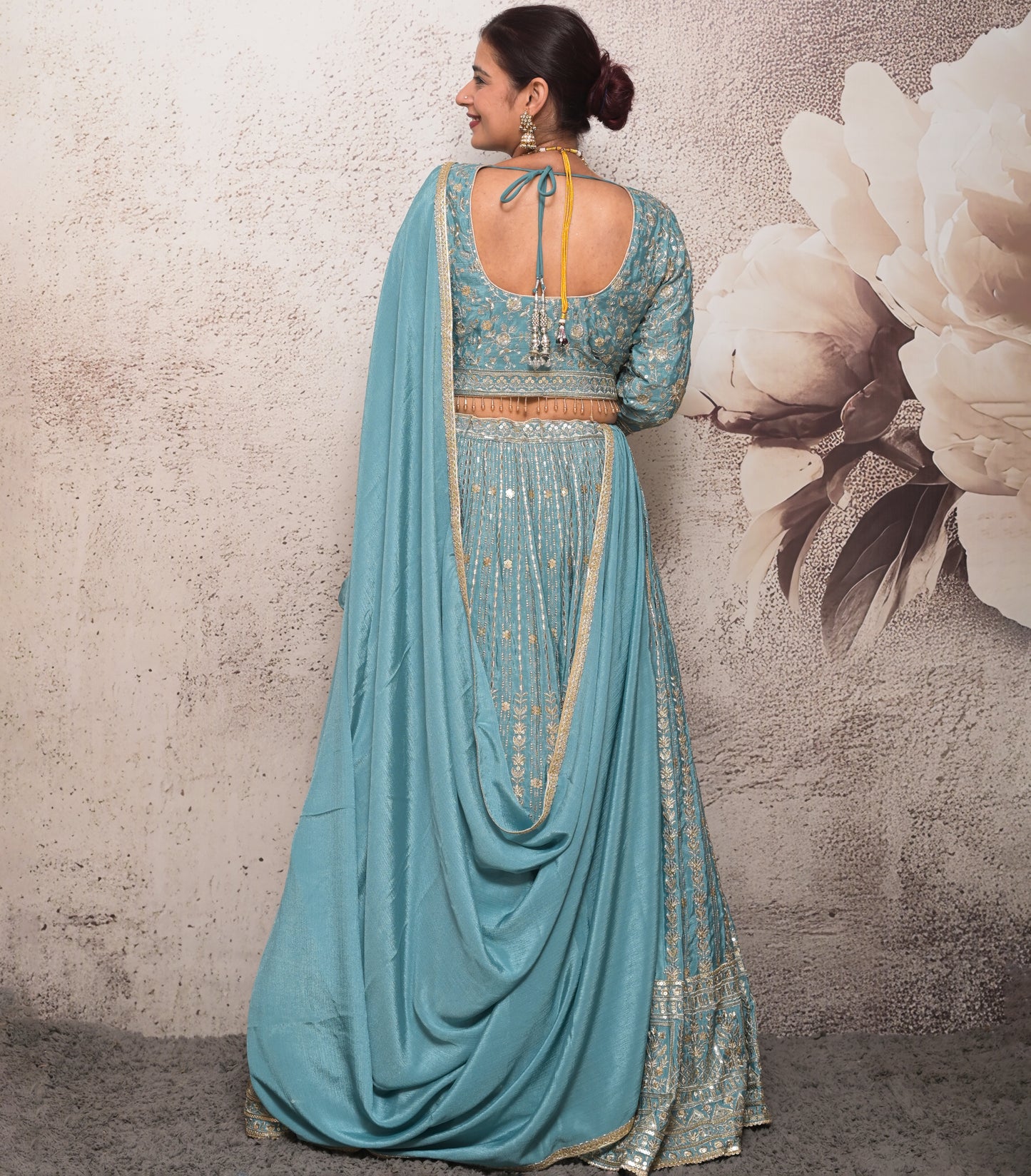 light blue fully embroidered chinnon silk designer lehenga choli set for women